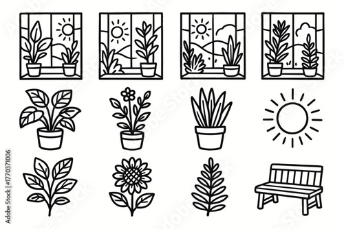 Creative rough view window bench doodle icon vector garden artistic plants icons