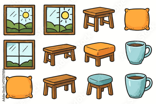 Vector garden bench view cup window seat cushion bright handdrawn icon morning