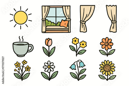 Cup vector setup icon curtain day pencil sunny window flowers garden icons