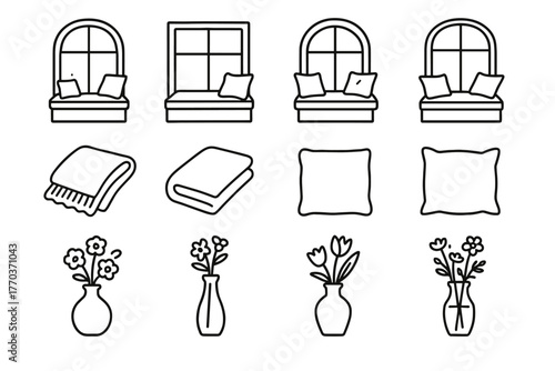 Icon flower blanket seat garden outline vector rest window weekend vase pillow