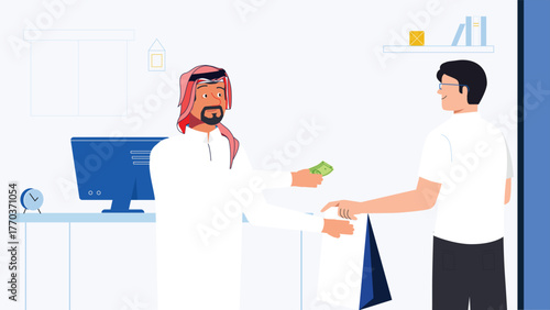 Two men exchange money and a shopping bag in a modern indoor setting. Represents commerce, cultural interaction, and customer service