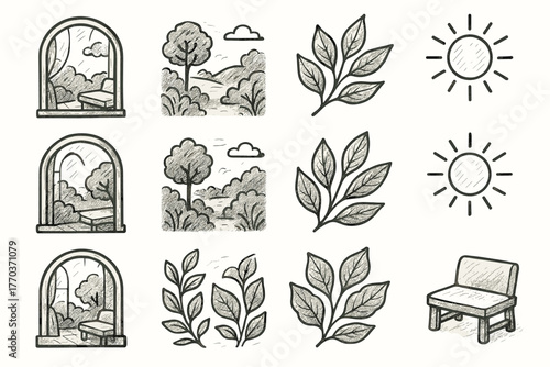 Artistic icon nature window sunlight seat vector scene leaves tranquil icons garden