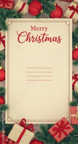 Retro Merry Christmas greeting card concept. Vintage holiday postcard with ornament, spruce branch, gift box and red ball for winter celebration.