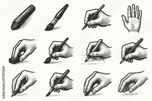 Icon icons traditional pose artistic brush hand charcoal style art drawing vector