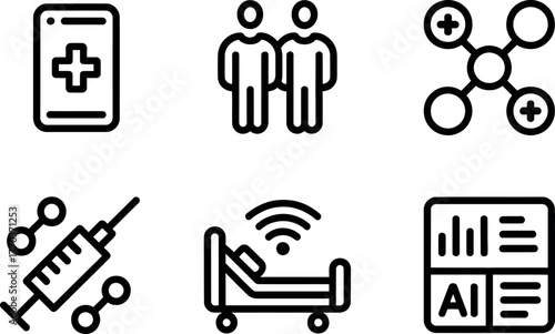 Set of six minimalist medical icons representing technology healthcare and research concepts vector