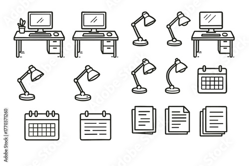 Desk setup home vector calendar outline study icon documents work sketch modern