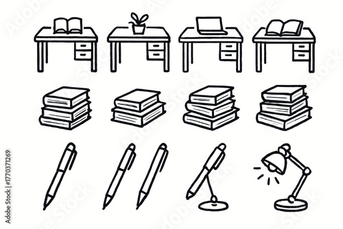 Layout book stack lamp light study desk vector home icon icons pen