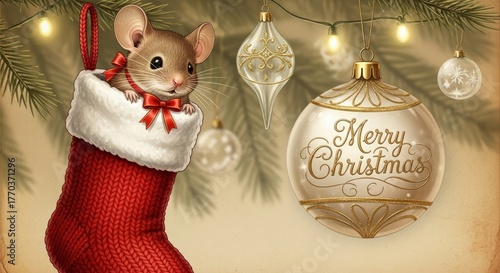 Mouse peeks from a red Christmas stocking, featuring a Merry Christmas ornament. Vintage holiday greeting card with festive decor.