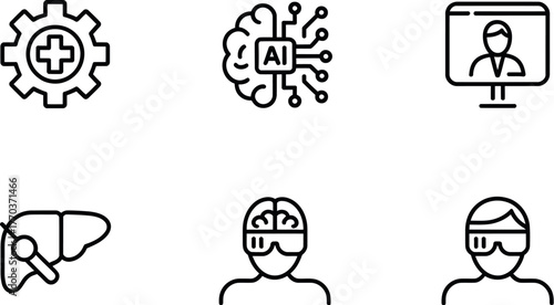 Set of six medical and technology icons brain ai gear health monitor vr user liver scan vector