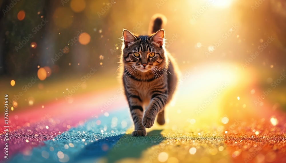 Fototapeta premium A tabby cat walks forward on a rainbow path under bright golden sunlight. Bokeh lights twinkle around the scene adding magical ambiance. The cat looks directly at the viewer.