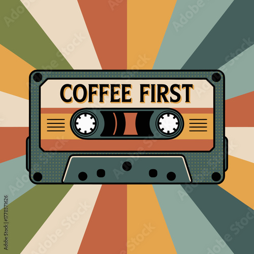 Retro cassette tape with coffee first label and sunburst background vintage music beverage design vector