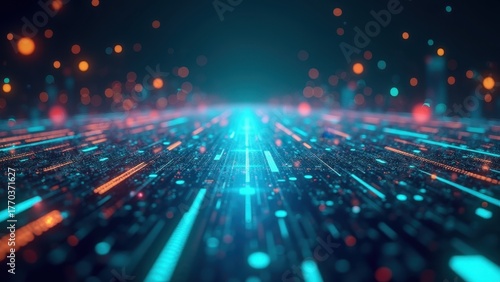 Bright cyan light stream racing down circuit grid with orange blue glowing pathways extending into dark bokeh horizon creating a futuristic digital landscape