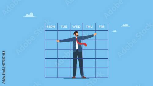 Desperate businessman inside office Monday to Friday prison calendar. Working routine in office 9 to 5 job, exhaustion or fatigue from career burnout, anxiety or work boredom.