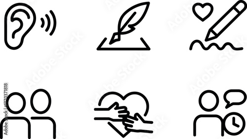 Set of six minimalist line art icons for communication connection and ideas concepts vector