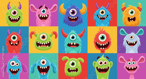 Collection of colorful cartoon monster faces with varied expressions and features