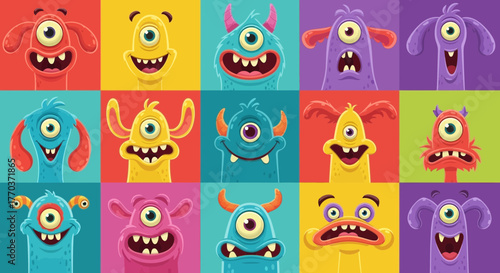 Colorful Cartoon Monster Faces Pattern, cheerful, funny, and playful illustrations