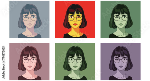 Variety of female avatars in retro style with different color backgrounds and bob hairstyle