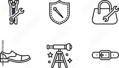 Set of six minimalist line art icons for tools shoe telescope belt and security symbols vector