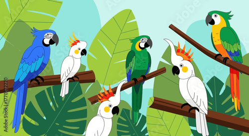 Exotic parrot species perched in a lush tropical jungle, vector illustration