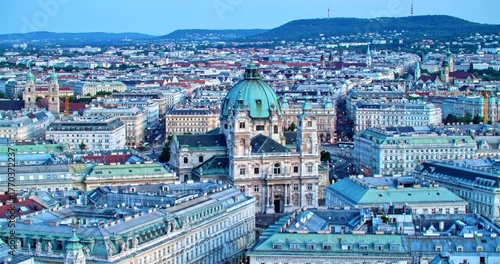 Panoramic view of the historic city of Vienna, Austria, showcasing its grand architecture and urban landscape.