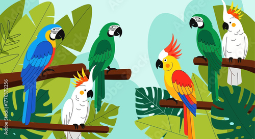Colorful Vector Illustration Featuring Parrots and Cockatoos in a Tropical Setting