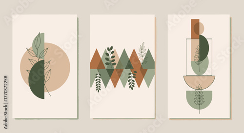 Elegant botanical art prints featuring geometric shapes and neutral color palettes