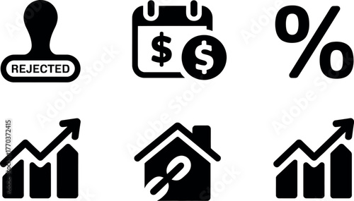 Set of 6 business icons featuring stamp finance growth home and percentage symbols for stock footage vector