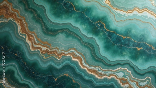 Flowing teal agate layers with golden veins undulating across smooth mineral surface in closeup macro view, concept of luxury design, spa wellness, jewelry branding