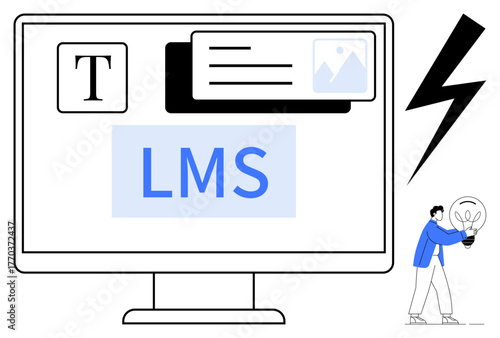 Computer screen displaying LMS tools thumbs up text, image, and card elements, with lightning bolt and innovator holding a light bulb. Ideal for education, technology, creativity, innovation, team