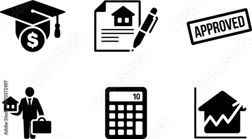 Set of six black and white icons representing real estate and finance concepts and services vector