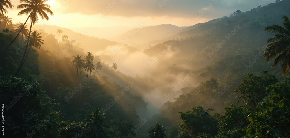 Obraz premium Tropical rainforest valley shrouded in heavy mist. Golden sun rays pierce through thick fog, towering palm trees, vibrant green foliage. Remote mountain landscape creates tranquil, peaceful, natural
