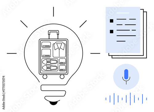 Lightbulb with organized suitcase, checklist paper, microphone, and sound waves indicating innovation, planning, and tech-enabled travel. Ideal for travel tips, digital solutions, organization