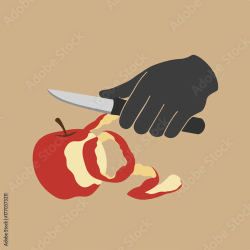 A hand, depicted in silhouette, peels a red apple with a silver knife against a tan background