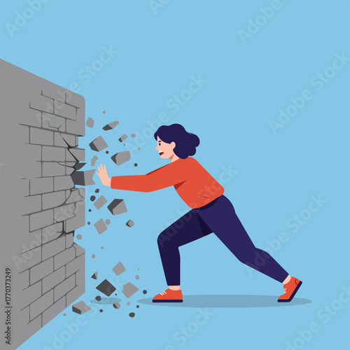Illustration of a person pushing against a brick wall causing it to crumble. Blue background