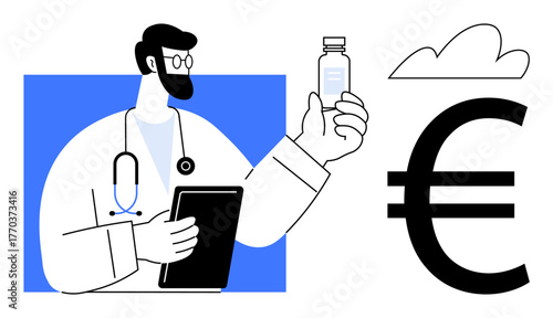 Doctor with a stethoscope and tablet examines medication vial near Euro symbol and cloud. Ideal for healthcare, affordability, economics, decision-making, accessibility, pharmaceutical, innovation