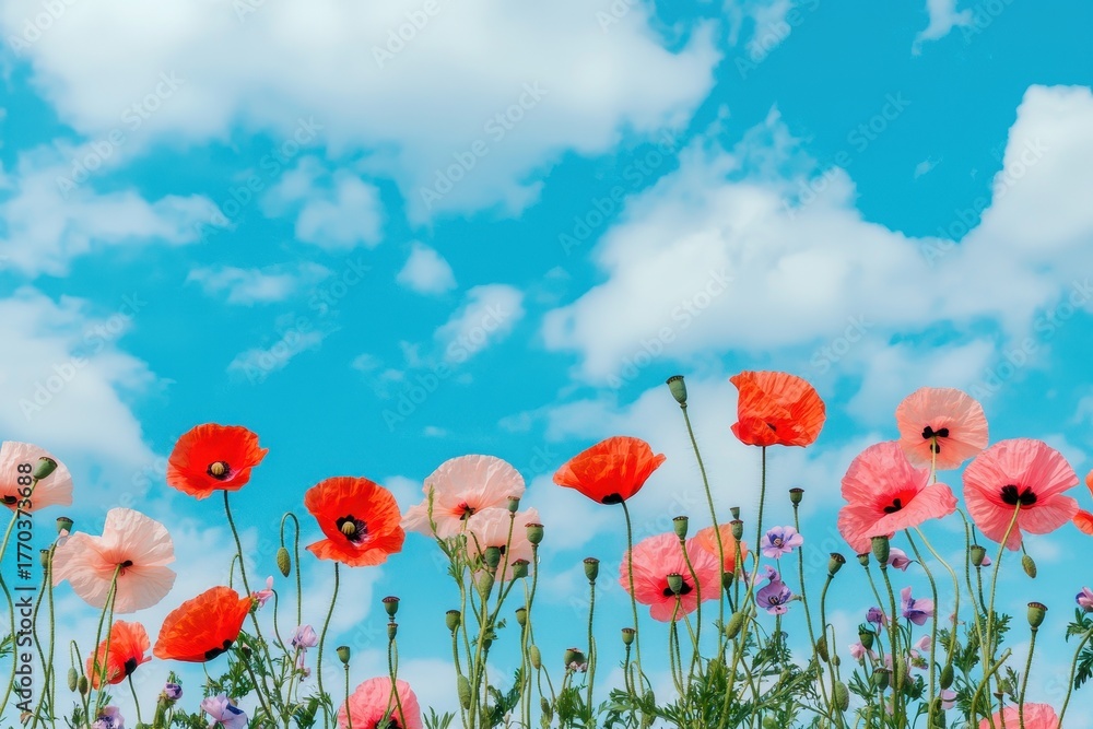Fototapeta premium Vibrant red and pink poppies bloom against a bright blue sky with white clouds
