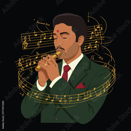 An illustration shows a man in a green suit playing a flute. Musical notes surround him, suggesting music