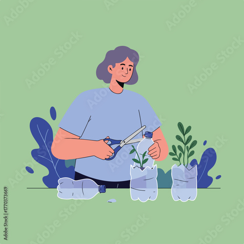 An illustration shows a person using scissors to cut plastic bottles, upcycling them into planters
