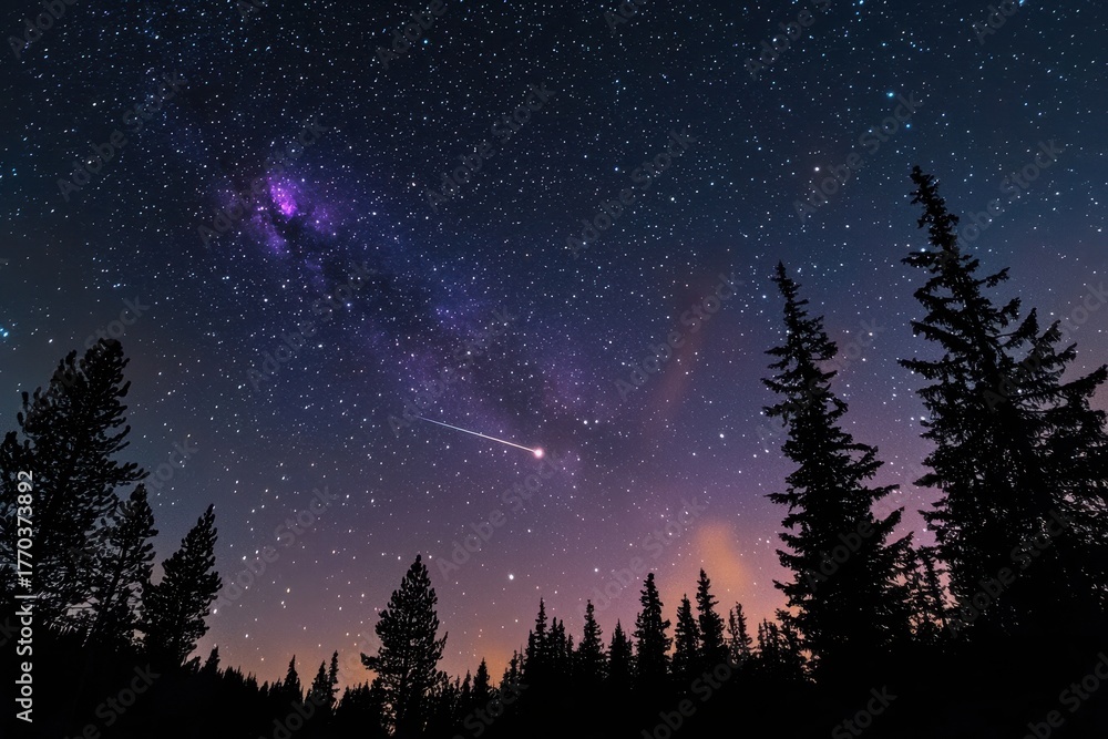 Fototapeta premium A meteor streaks across a starry night sky above silhouetted evergreen trees