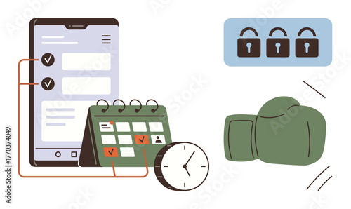 Mobile device, calendar, and clock signify time and task management. Padlocks and boxing glove imply security and strategic readiness. Ideal for productivity, scheduling, planning, security, risk