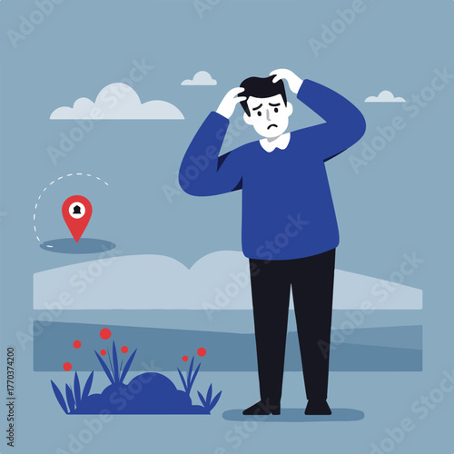 A puzzled figure stands near a location pin, expressing confusion amidst a stylized landscape