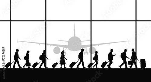 Airport travel silhouettes, passengers walking with luggage, airplane terminal scene, global transportation, business trip journey, tourism illustration, flat vector design artwork