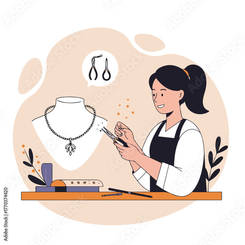 A jeweler with dark hair works on a necklace, using tools. Necklace on a mannequin head. Beige background