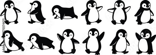Cartoon penguins illustration, playful penguin poses, walking sliding waving penguins, whimsical animal artwork, children’s book design, cute wildlife vector, flat vector