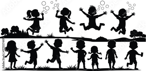Children playing silhouettes, outdoor park illustration, kids blowing bubbles artwork, joyful childhood design, recreational activity vector, family lifestyle artwork, flat vector
