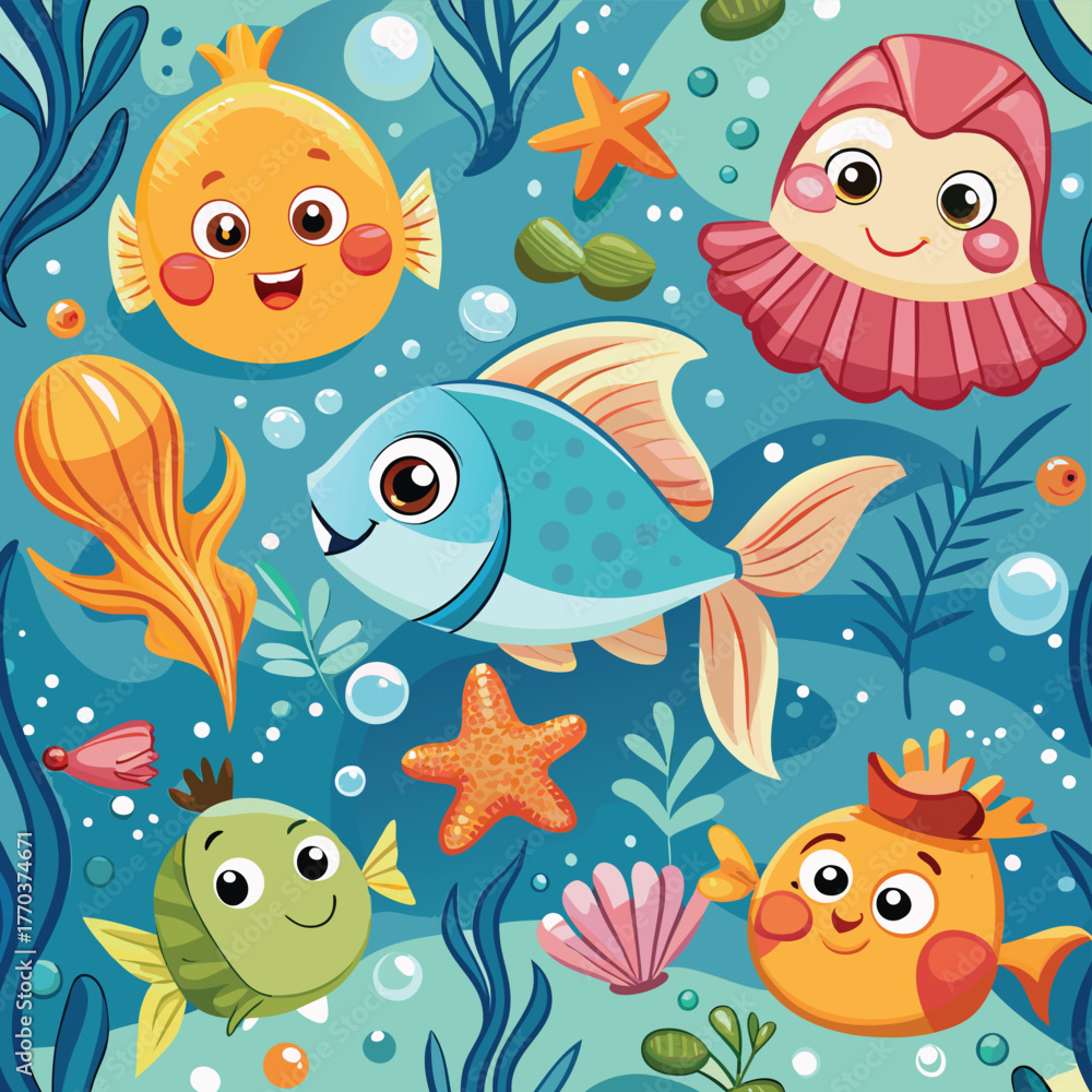 Obraz premium Whimsical undersea world illustration featuring cute cartoon fishes and other marine life