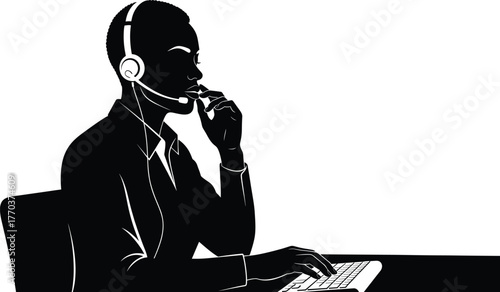 Customer service silhouette, call center operator with headset, technical support professional, office communication scene, business workplace illustration, flat vector artwork