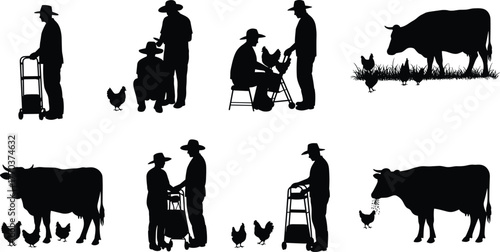 Farm life silhouettes, farmers with cows and chickens, rural agriculture scene, countryside village work, livestock interaction artwork, flat vector design