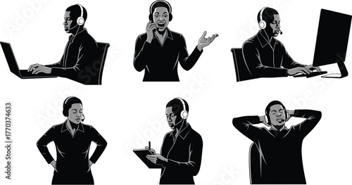 Customer service silhouettes, call center support roles, technical assistance artwork, office communication illustration, remote work design, flat vector artwork