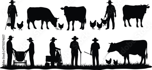  Farm life silhouettes, farmers with cows and chickens, rural agriculture tools, countryside village work, traditional farming illustration, flat vector artwork